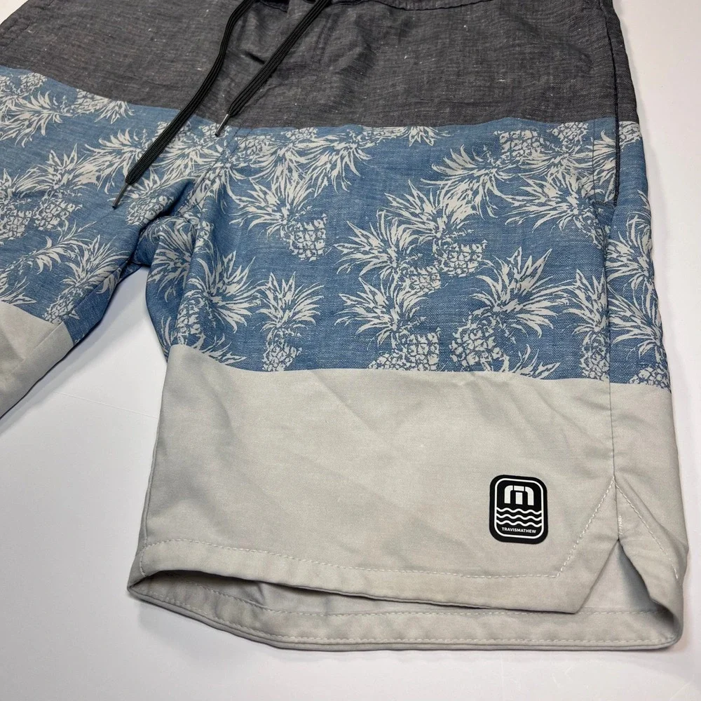 TravisMathew Board Shorts Mens 33‎ Gray Blue Pineapple Print Colorblock Trunks